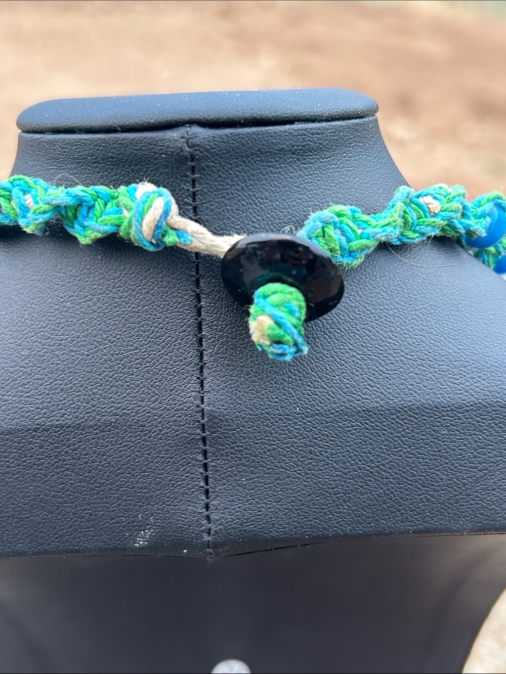 Blue Hemp Necklace, Glass Mushroom Handblown Pendant, Boho Choker - Picture 9 of 10